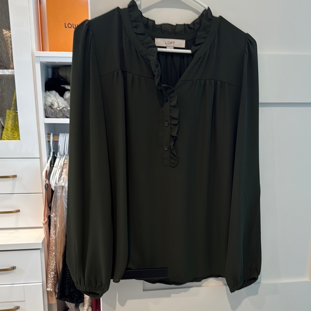 LOFT Black Ruffled Mandarin Collar Blouse